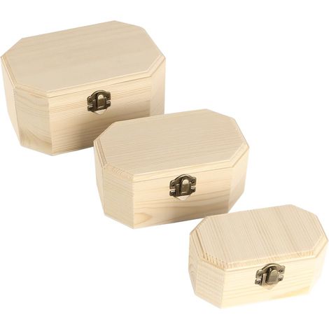 Lot de 3 boîtes de rangement en bois avec boucle et couvercle à charnière, boîtes de rangement en bois non traitées pour le stockage de souvenirs à domicile (1/5)