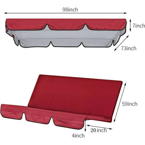 Ensemble de housse de rechange pour balancelle de terrasse 190T, rouge, dimensions : 249 x 185 x 18 cm et 150 x 50 x 10 cm (housse supérieure de rechange + coussin de balancelle). (1/2)
