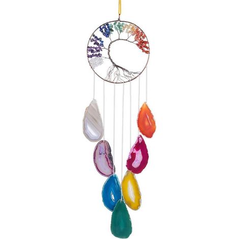 Carillon éolien Arbre de Vie avec 7 cristaux de guérison de chakras et disques d'agate, fait à la main