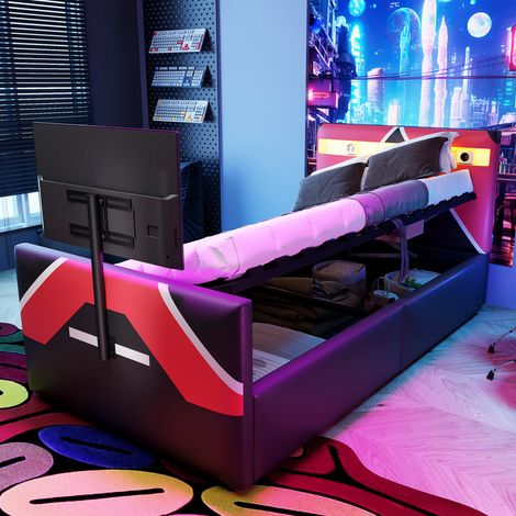 Cama tapizada PU negra 90x200 cm con LED, almacenaje hidráulico y soporte para TV (1/5)