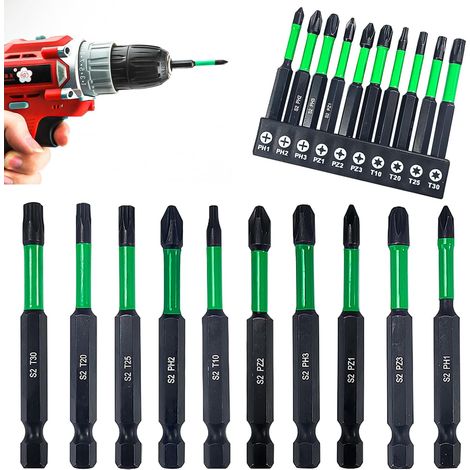Schraubendreher-Bit-Set, 10-teilig, 70 mm langes Schraubendreher-Bit-Set mit starkem Magnetkopf, Zubehör, Bits für Schlagschrauber, für Akkuschrauber (PH1 + PH2 + PH3 + PZ1 + PZ2 + PZ3 + T10 + T20 + T