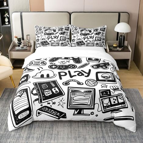 Housse de couette 100 % coton - 135 x 200 cm - Pour enfant - Motif graffiti - Pour chambre à coucher - Noir et blanc (1/5)