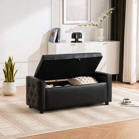 Pouf rectangulaire avec rangement, revêtu de similicuir capitonné, idéal pour la chambre, le salon, l'entrée ou le couloir. Supporte jusqu'à 150 kg. Élégant et fonctionnel. (1/5)