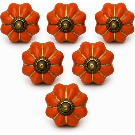 Lot de 6 Boutons Décoratifs en Céramique Peints à la Main Orange pour Placard Tiroir et Meubles pour Armoires de Cuisine Salle de Bain Commode Finition Brillante Motif Citrouille (1/4)