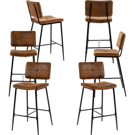 Lot de 6 Tabouret de Bar Industriel avec Dossier et Repose-Pieds, Siège Rembourrés de 75 cm de Haut, Chaises Hautes en Suédine Cadre en métal, Marron (1/5)