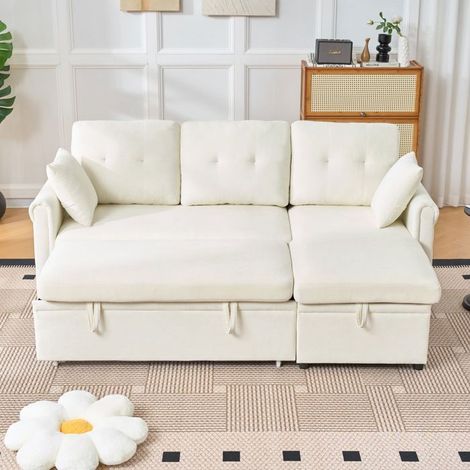 Canapé d'angle convertible - SOGEU - Forme en L - Coffre de rangement - Méridienne réversible - Revêtement chenille beige (1/5)