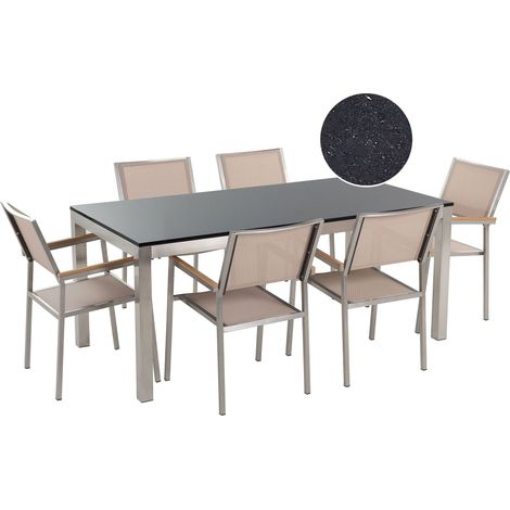 Set da Pranzo Tavolo con Piano in Granito Nero 6 Sedie Beige 180 x 90 cm Grosseto