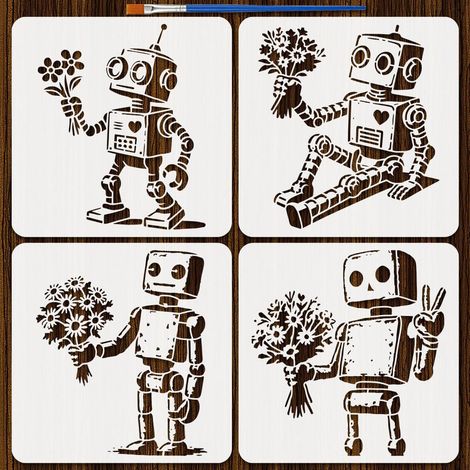 4Pcs Pochoir de Peinture Robot 30x30cm Pochoirs Robot et Fleurs Réutilisables Modèles 4 Styles de Graffiti Avec Un Pinceau pour Mur en Bois Bricolage Décoration D'Intérieur (1/5)