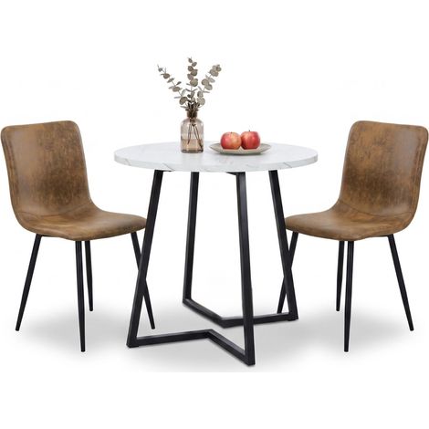 FurnitureR Essgruppe Rund 80cm mit 2 Vintage Stühlen Marmoroptik Industrial-Design mit rundem Marmortisch und zwei Vintage-Stühlen in Wildlederoptik (1/5)
