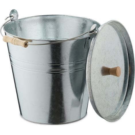 Relaxdays Ash Bucket with Lid, 12.5 Litres, Wooden Handle, for Coal & Briquettes, Fireplace Bin, Steel Container, Silver