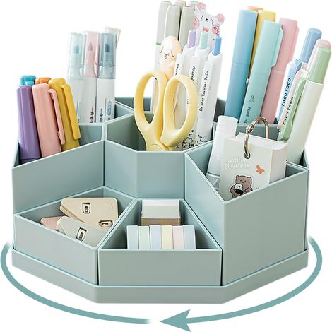 pezzi organizer da scrivania girevole a 360°, organizer da scrivania di grande capacità a 9 scomparti e rimovibile, può contenere matite colorate e vari articoli di cancelleria (blu) (1/5)
