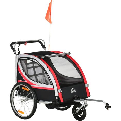 RIMORCHIO BICI PER BAMBINI PASSEGGINO, DESIGN 2 IN 1 CON FRENO, CINTURA E TASCHE, 116-142X75X101CM
