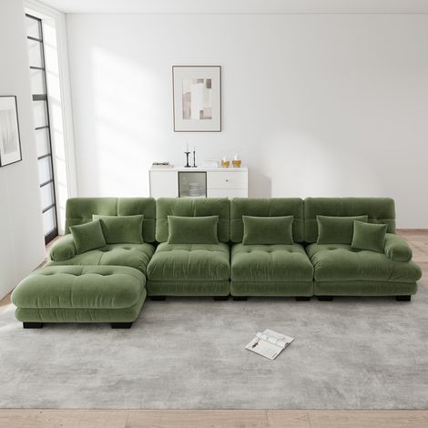 Canapé d'angle modulable 4 places en tissu vert, avec ottoman mobile et assise confort nuage, pour salon ou bureau, style vintage - CHICFURN (1/5)
