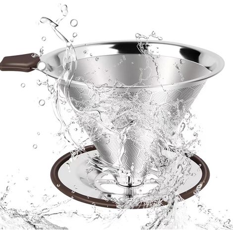 Lntyq Permanenter Kaffeefilter aus Edelstahl, papierloser Kaffeefilter für die manuelle Kaffeezubereitung, wiederverwendbarer Kaffeetropfer mit doppeltem Edelstahlnetz und Silikongriff