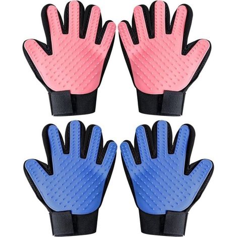 2 Paires de Gants de Toilettage Chat, Brosse à Gants pour Animaux de Compagnie, Gant de Toilettage Gaucher Droitier pour Poils Courts et Longs Bleu Clair/Rouge- 4 Pièces (1/4)
