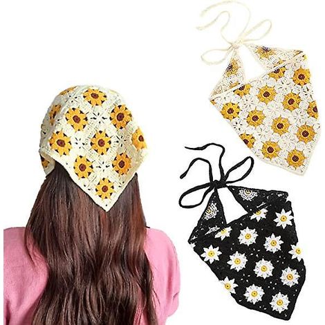 2 Morceaux De Bandeaux De Cheveux Au Crochet De Fleurs Pour Femmes (jaune Et Noir), Foulards De Tte De Fleur Bohme Pour Femmes, Foulards De Tte Tr (1/5)