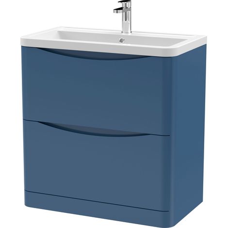 Dunwood Contemporary 2 Drawer Floor Standing Vanity Unit with Basin, Satin Blue, 800mm