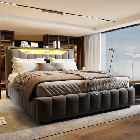 Letto matrimoniale contenitore 180x200 cm imbottito con LED USB/USB-C e testiera grigio (1/5)