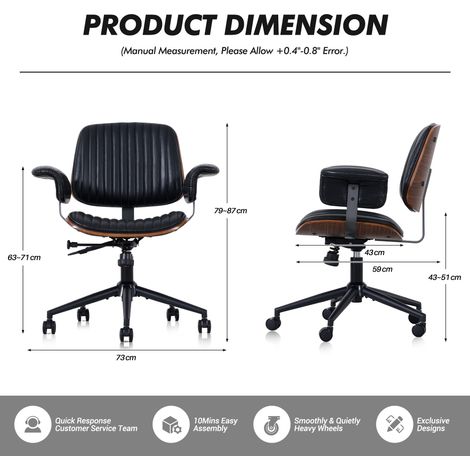 Chaise de bureau ergonomique en cuir avec roulettes et accoudoirs en chêne, fauteuil roulant réglable en hauteur avec fonction pivotante pour cadres. (1/4)