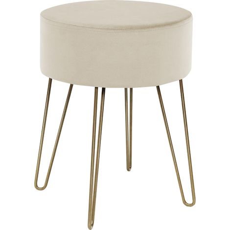 Pouf Poggiapiedi In Velluto Con Gambe Dorate Elegante Imbottito Sgabello Per Toeletta Mobile Trucco Ottomano Ingresso Tavolino Camera Da Letto Soggiorno Salotto Beige - Rotondo