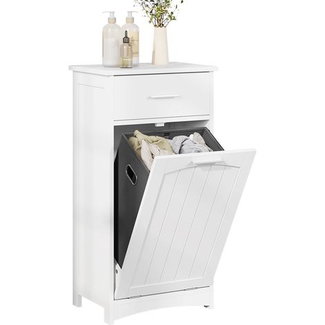 Meuble Panier à Linge MDF et Tissu Blanc 42 x 30 x 82 cm avec Tiroir et 2 Compartiments (1/5)