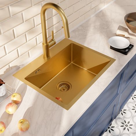 Ceramia Timeless 55x45x21 cm lavello da incasso + miscelatore in acciaio inox con doccetta estraibile, oro spazzolato (1/4)