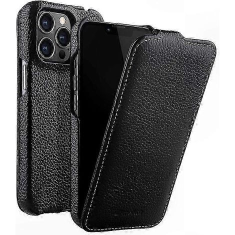 Vertikal klappbare Schutzhülle aus echtem Rindsleder für iPhone 12 Pro, schützend mit Litschi-Textur und robustem Bezug (1/5)