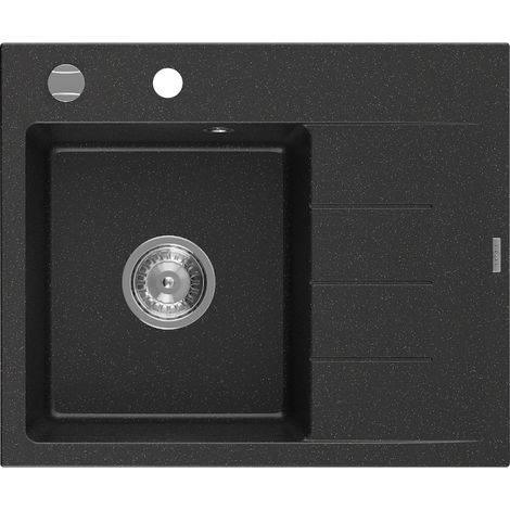 Mexen Ben évier granit 1-bac avec égouttoir gauche 600 x 500 mm, noir/argent métallisé, siphon chromé - 6522605000-73 (1/5)