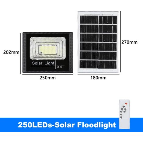 Projecteur solaire LED (250 LED) compatible avec les éclairages extérieurs de jardin, étanches et lumineux pour escaliers et murs. Intensité lumineuse réglable (distance, minuterie, télécommande). (1/5)