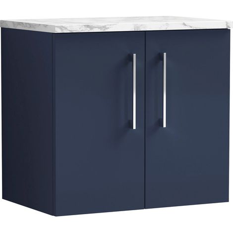 Nuie Arno Wall Hung 2-Door Vanity Unit with Carrera Marble Worktop 600mm Wide - Midnight Blue (1/4)