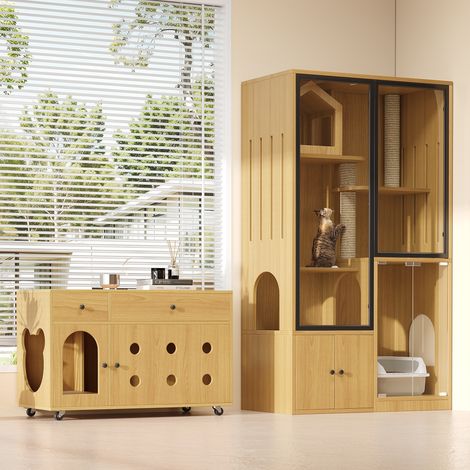 Ensemble maison pour chat - Maison pour chat+buffet - Pour bac à litière - Lit et griffoir - Naturel（sans bac à litière）