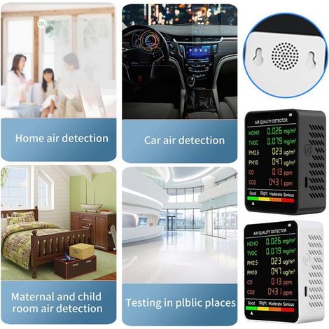Monitor di qualità dell'aria bianco a 6 funzioni, rileva PM2.5, PM10, HCHO, TVOC, CO, CO2, adatto per il monitoraggio di casa, ufficio, auto e ambiente esterno. (1/5)
