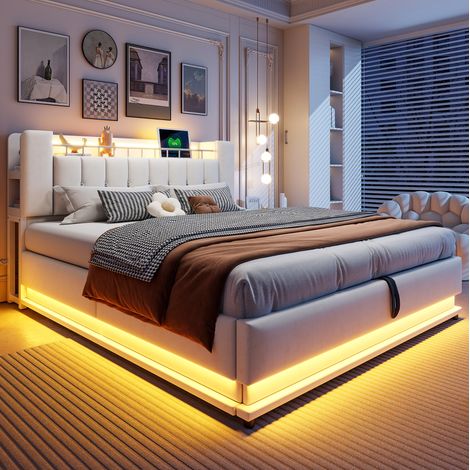 Bett Doppelbett Stauraum 180x200 Samt Beige OKMYHOME (1/5)