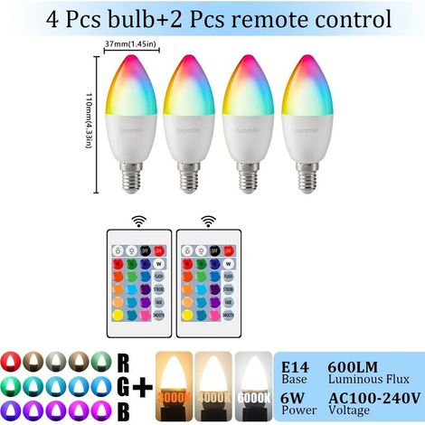 Lampes de croissance pour plantes Ampoule LED E14 (RGB 3000K, 4 unités, AC 100-240V) avec télécommande 24 touches, intensité variable, 6W et changement de couleurs, idéale pour chambre ou salon. (1/5)