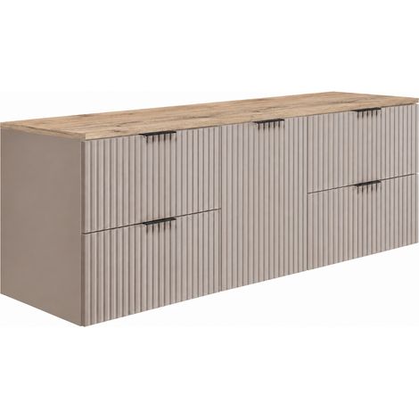 Meuble sous-vasque suspendu 160 cm, 4 tiroirs, 1 porte, fermeture douce, Cachemire / Plan chêne clair, poignées noires, 160 x 46 x 57 cm (1/5)