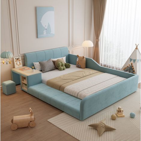 Cama juvenil 140x200 cm azul terciopelo con escritorio lateral y taburete (1/5)