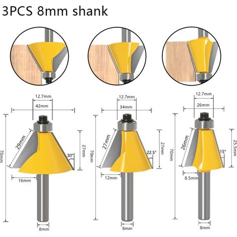 3-teiliges Set 8-mm-Fasenfräser mit 2 Schlegeln (15°/22,5°/45°) für Kantenbearbeitung und Holzbearbeitung