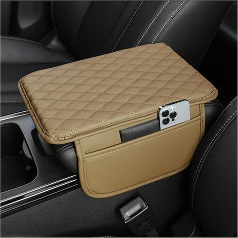 Housse de console centrale de voiture, coussin d'accoudoir en cuir avec 2 poches de rangement, accessoire intérieur automobile universel, couleur beige, 1 pièce (1/5)