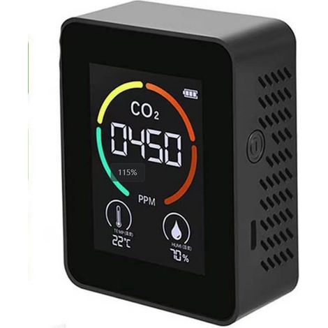 Innenraumluftqualitätsmonitor mit tragbaren Sensoren für CO2, Temperatur und Luftfeuchtigkeit, schwarz