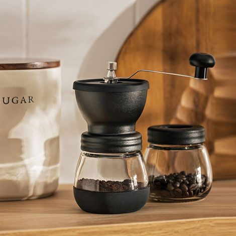 Moulin à café manuel, facile à utiliser, avec réservoir de poudre en verre amovible et lavable. Idéal pour la maison. (1/5)