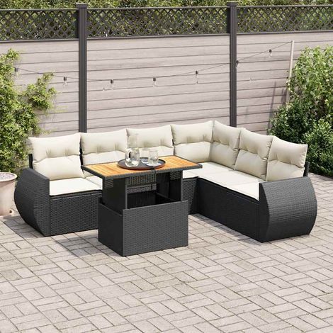 Salon de jardin 7 pièces avec coussins, résine tressée noire et table relevable, 66kg - PANGIVO (1/5)