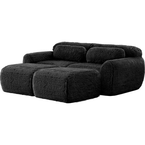 ELVMI Divano Modulare 2 Posti con 2 Pouf, senza Montaggio, in Peluche, Nero (1/5)