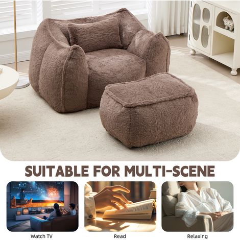 Fauteuil Poire Géant Adulte & Enfant, Pouf Canapé en Fausse Fourrure avec Coussin et Repose-Pieds, Confortable Siège de Lecture et Gaming pour Salon et Chambre, Kaki (1/5)