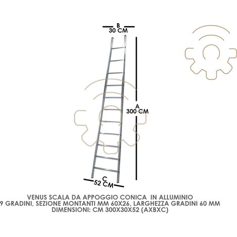 Escalier conique en aluminium Venus 9 marches 52x30x300 cm largeur marche 60 mm montants 60 x 26 mm (1/2)