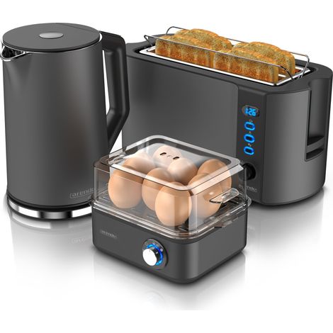 Arendo 3-teiliges Frühstücksset - Wasserkocher 1,5l, 4-Scheiben Toaster, 8er Eierkocher, Grau (1/5)