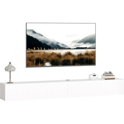 Meuble TV suspendu 180cm, meuble télé pour téléviseur 72 pouces, 2 portes rabattables, 180x25x22cm, blanc (1/5)