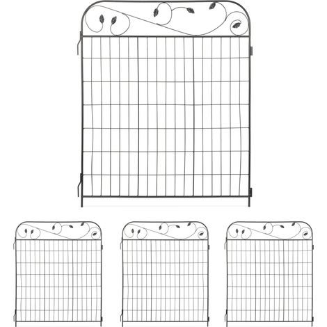 Relaxdays Gartenzaun Metall, HB: 112 x 94 cm, Beeteinfassung zum Stecken, 4 Zaunelemente, Blätter-Verzierungen, schwarz