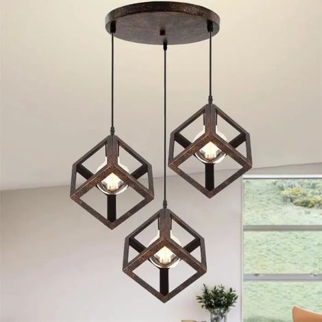 U-Do Lustre Suspension Carré Rouille Suspension Luminaire en Fer 3 Têtes Lampe en Disque Lustre Plafonnier éclairage pour Cuisine (1/4)