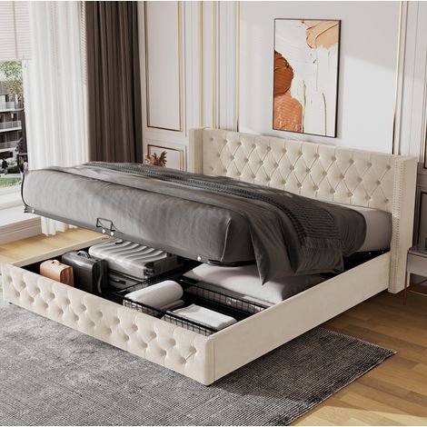 Cama tapizada 140/190 cm beige de terciopelo con arcón y apertura hidráulica (1/5)