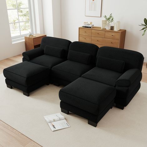 Sofá en u de 3 plazas con 2 pufs 265x161x94 cm - Sofá modular para salón de pana suave moderno - Negro (1/5)